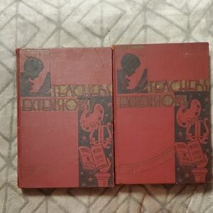 antique, red hardcover books titled "THE TEACHERS EXTENSIONS" VOL 1 & 2